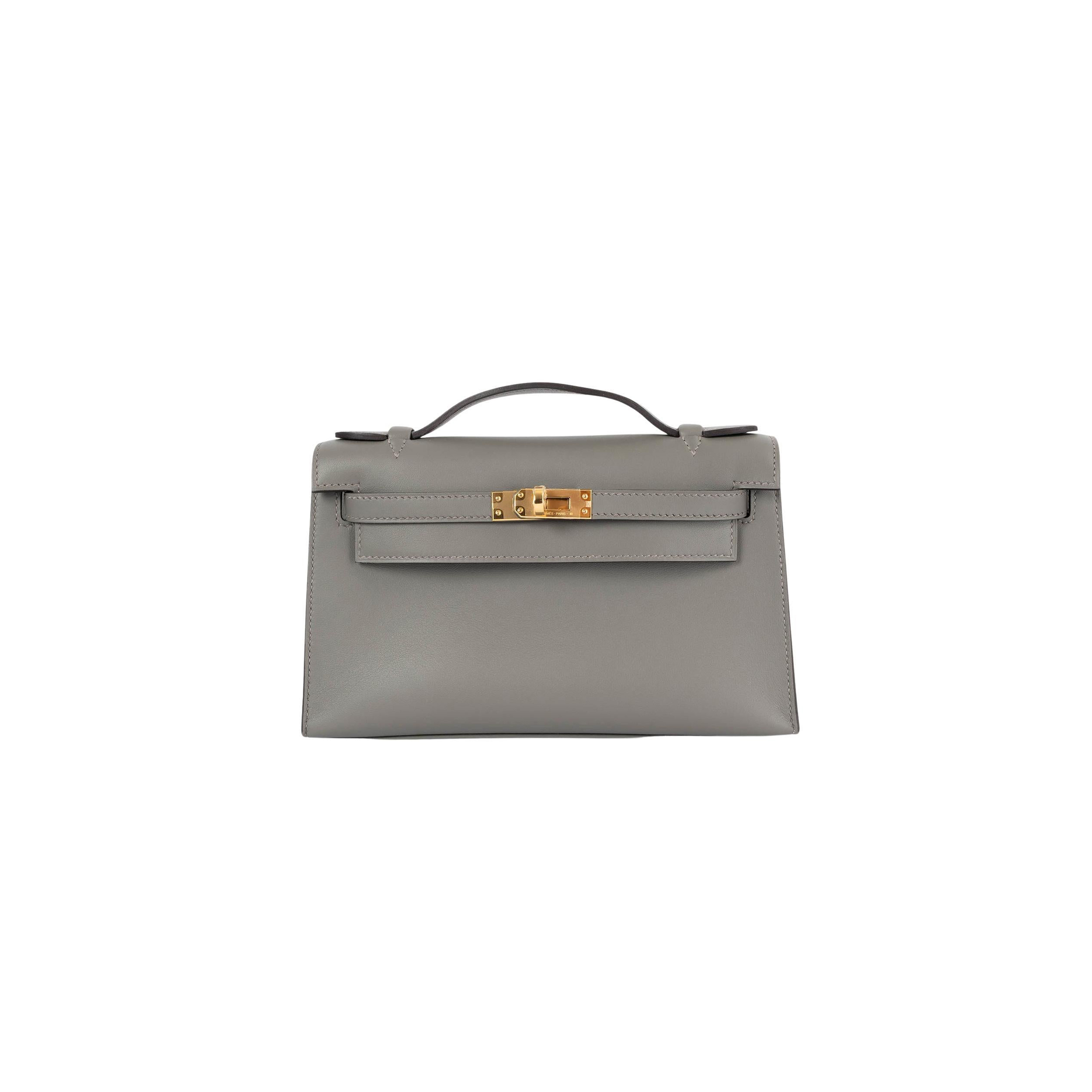 HERMÈS GRIS MEYER GRAY SWIFT LEATHER KELLY POCHETTE CLUTCH BAG W GOLD (22*14*7cm)